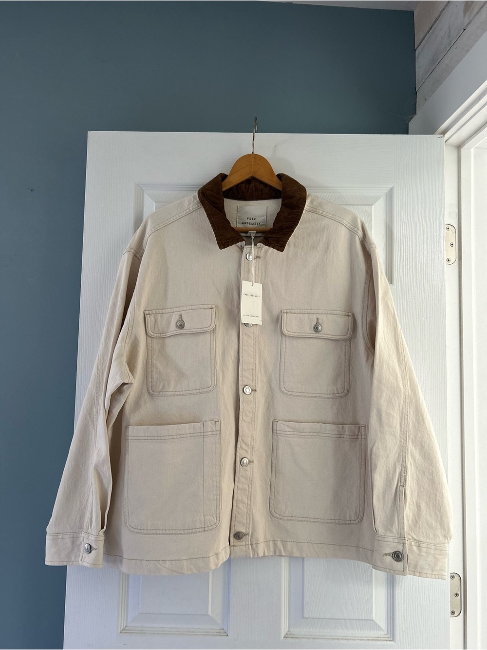 Men's Cream Canvas Work Chore Jacket with Brown Corduroy Collar 2X NWT